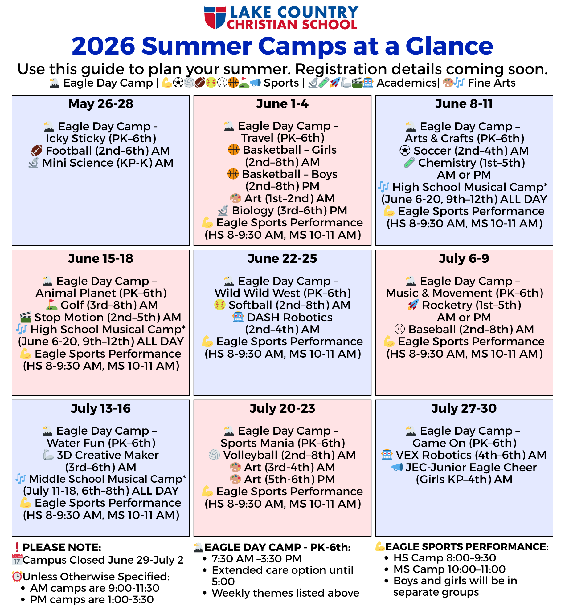 list of summer camps at LCCS by week