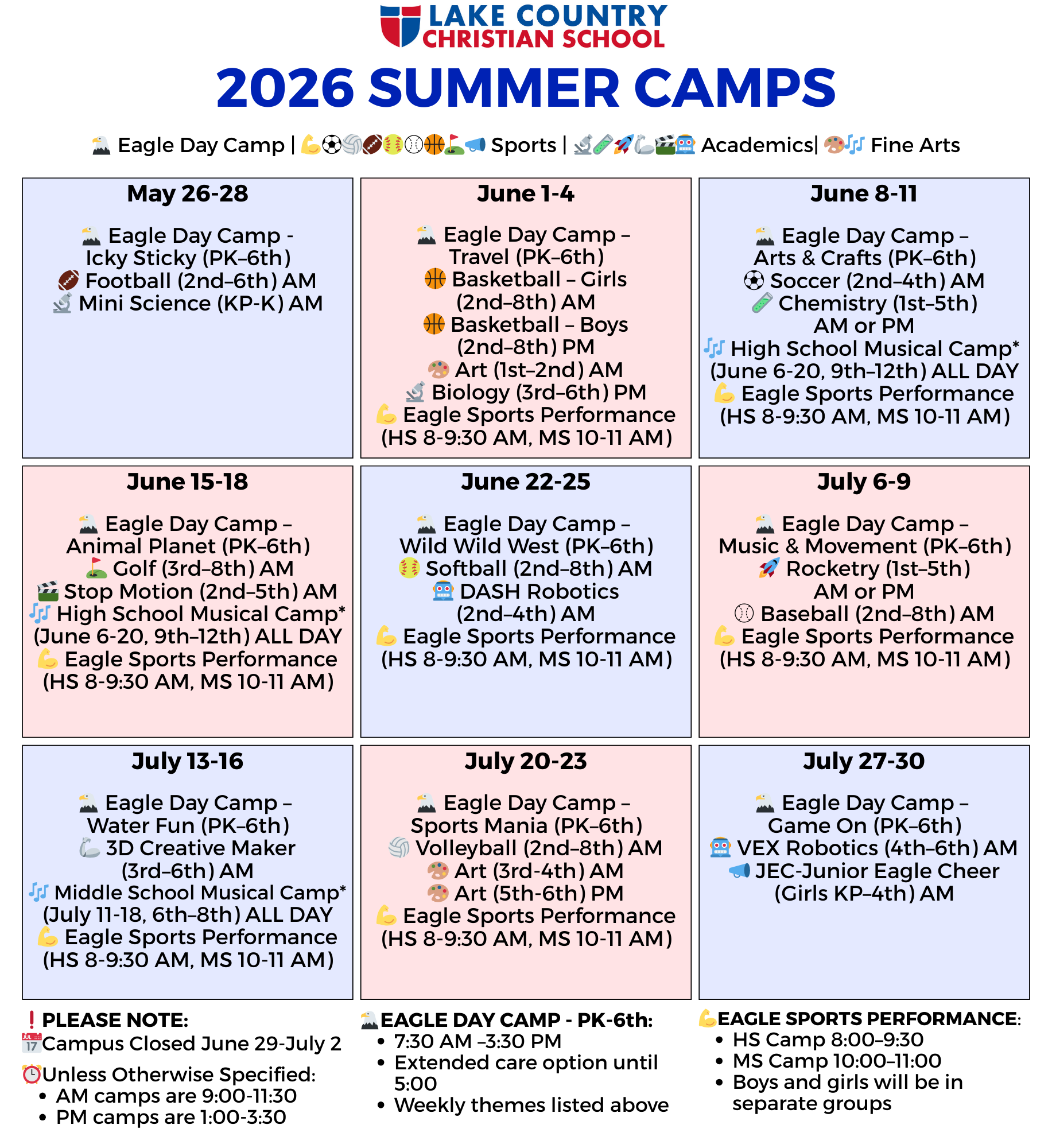list of summer camps at LCCS by week