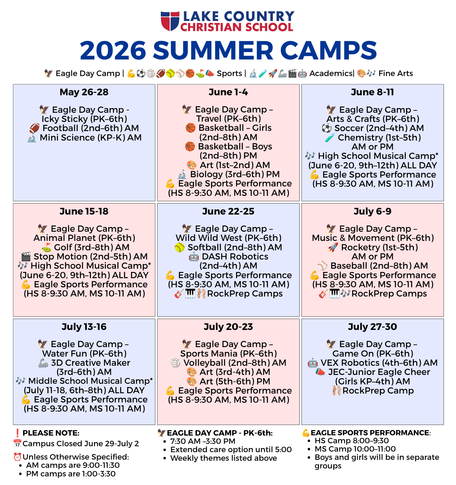 list of summer camps at LCCS by week