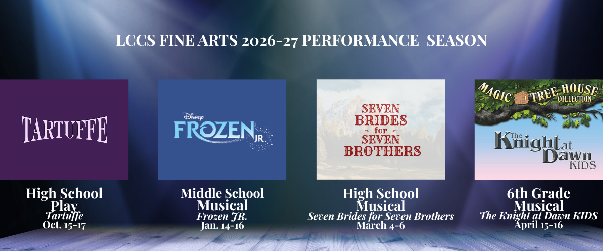Logos of four shows in performance schedule for 2026-27: Tartuffe, Frozen JR, Seven Brides for Seven Brothers, and The Knight at Dawn KIDS